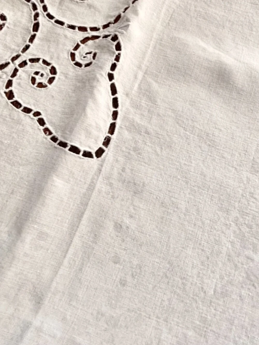 Vintage White Linen Eyelet Embroidered Tablecloth 68 x 84